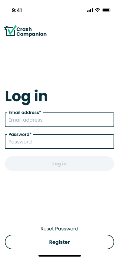 An image of the Crash Companion app log in screen.