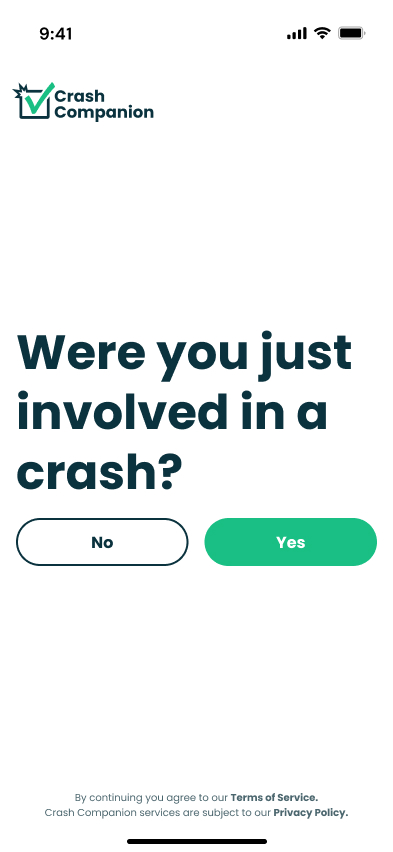 An image of the Crash Companion app that asks the user if they were just involved in a crash.