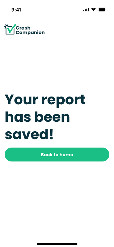 An image of a screen in Crash Companion that tells the user their report was saved.